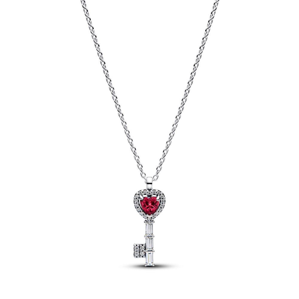Heart key sterling silver collier with cherries jubilee red crystal and clear cubic zirconia