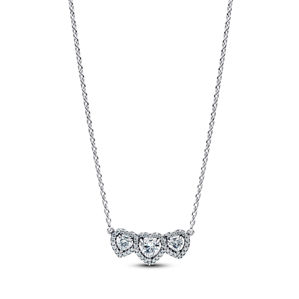 Triple heart sterling silver collier with clear cubic zirconia