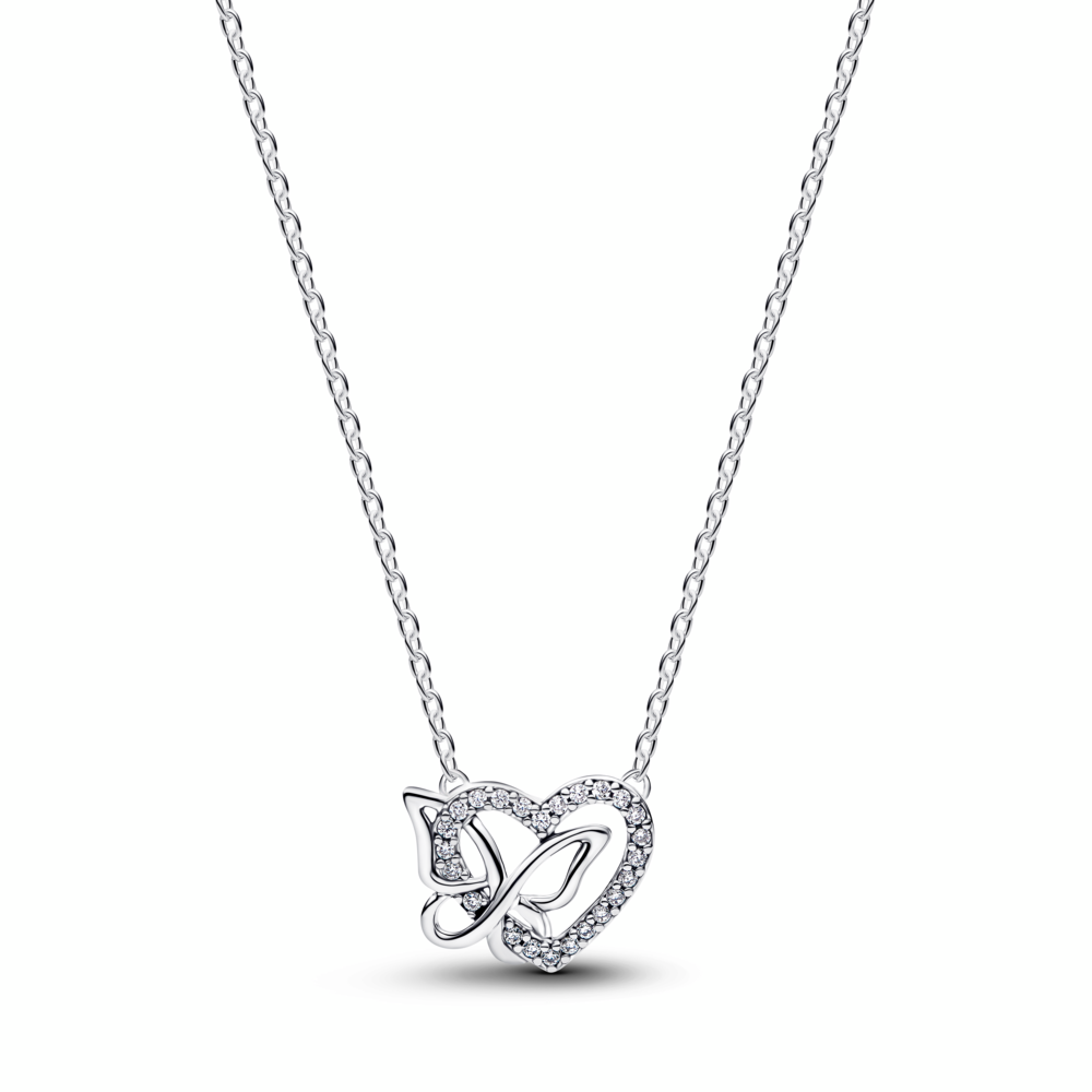 Heart and butterfly sterling silver collier with clear cubic zirconia