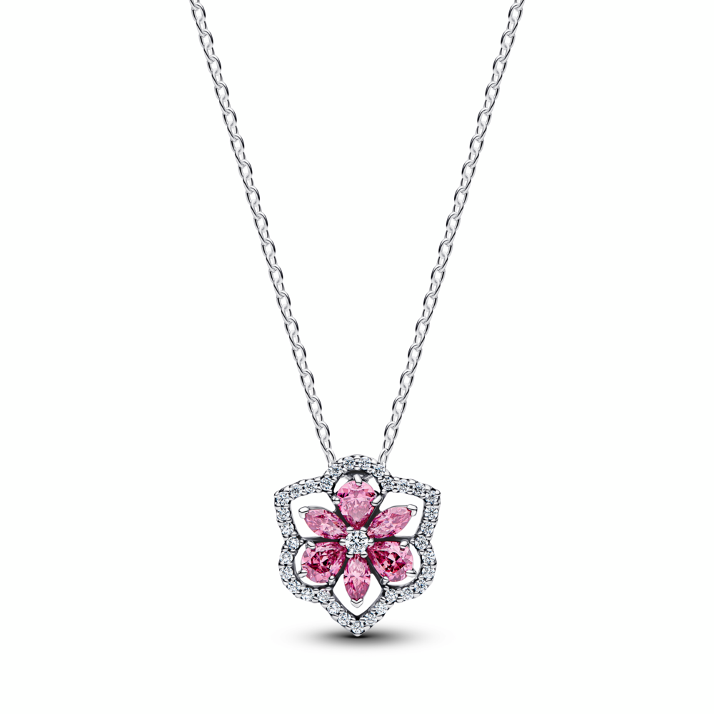 Herbarium cluster sterling silver collier with fancy pink and clear cubic zirconia