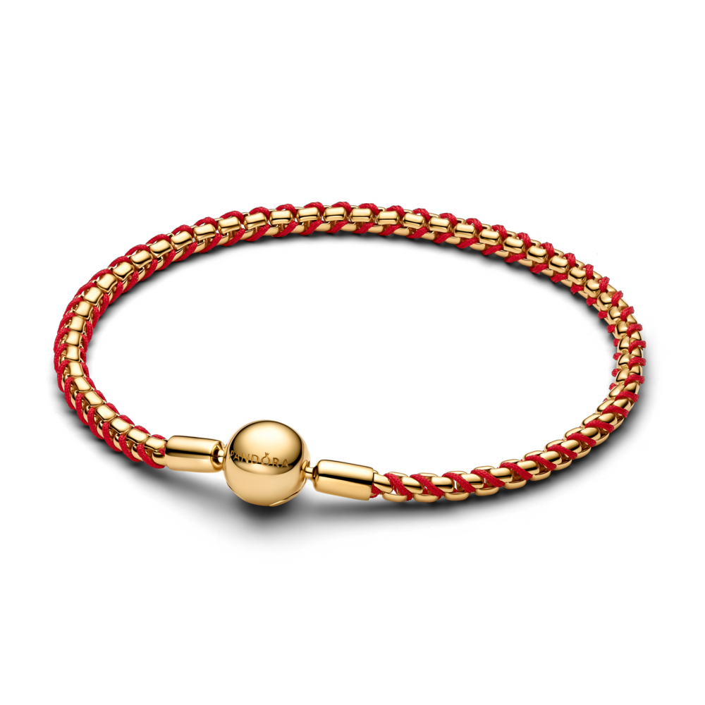 Braided 14k gold-plated box chain bracelet with red textile cord
