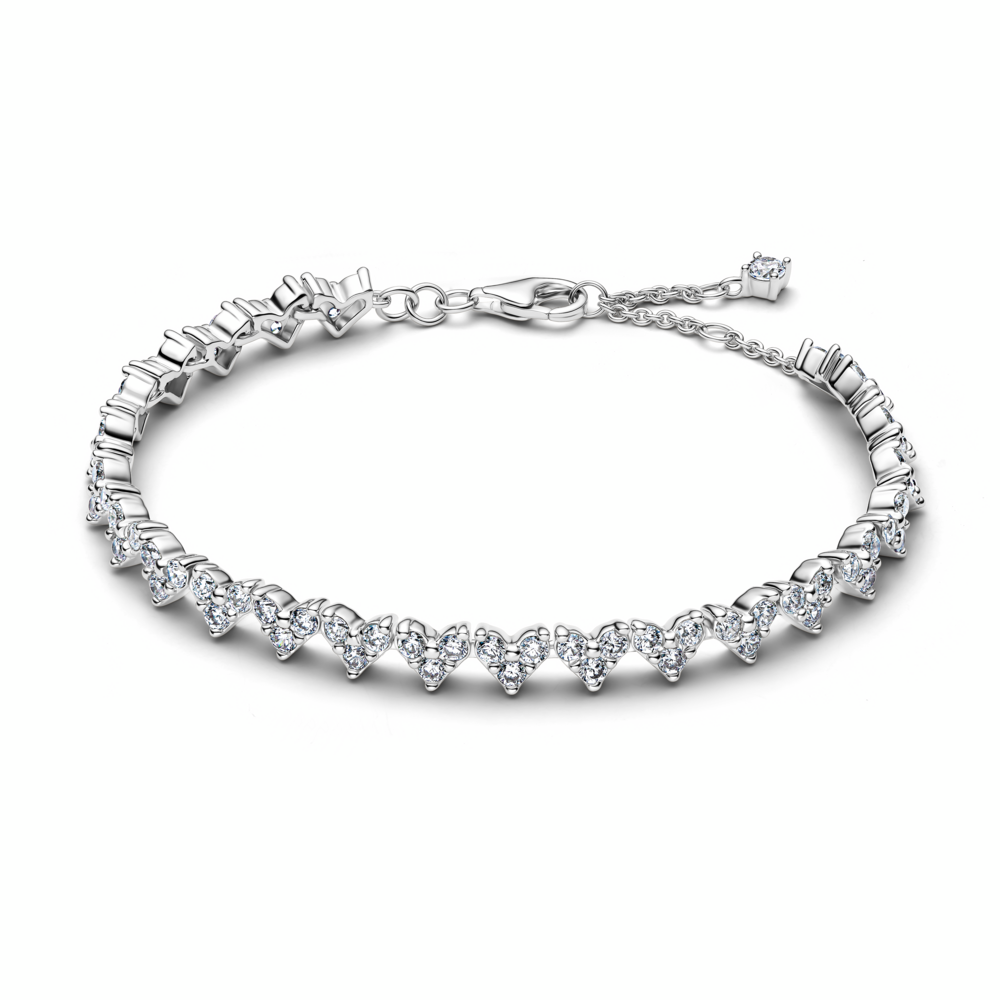 Heart sterling silver tennis bracelet with clear cubic zirconia