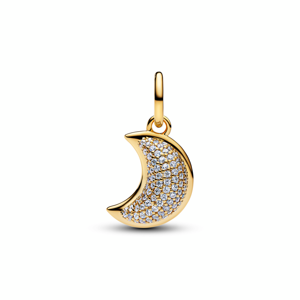 Moon 14k gold-plated dangle with clear cubic zirconia and moonstone iridescent glass
