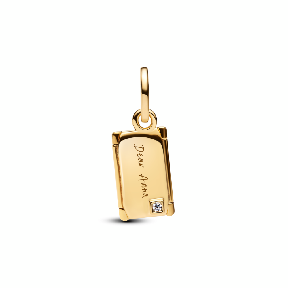 Engravable openable envelope 14k gold-plated dangle with clear cubic zirconia