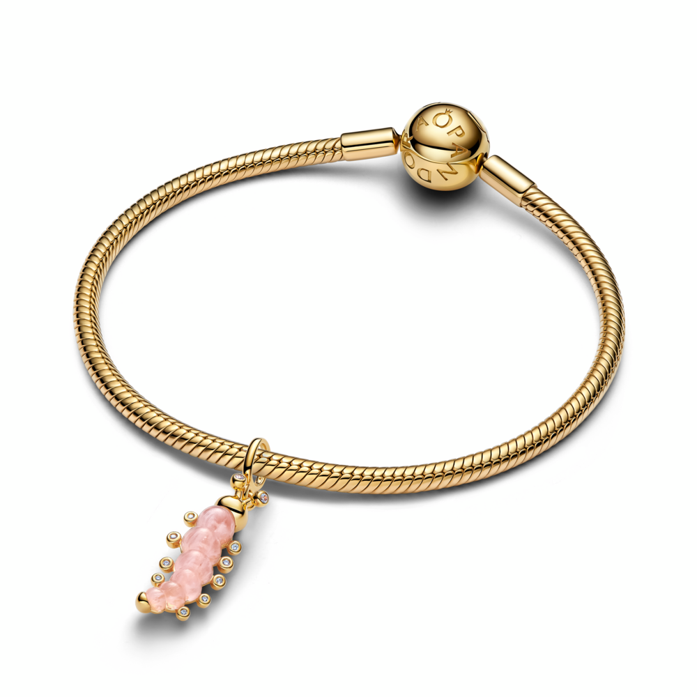 Caterpillar 14k gold-plated dangle with clear cubic zirconia and pink Murano glass