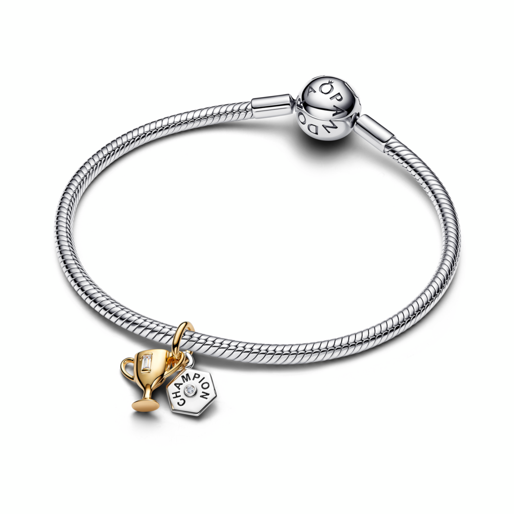 Engravable trophy sterling silver and 14k gold-plated double dangle with clear cubic zirconia and black enamel