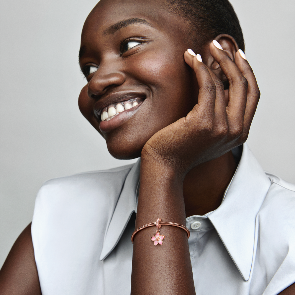 Movable cherry blossom 14k rose gold-plated dangle with fancy fairy tale pink cubic zirconia and shaded pink and white enamel