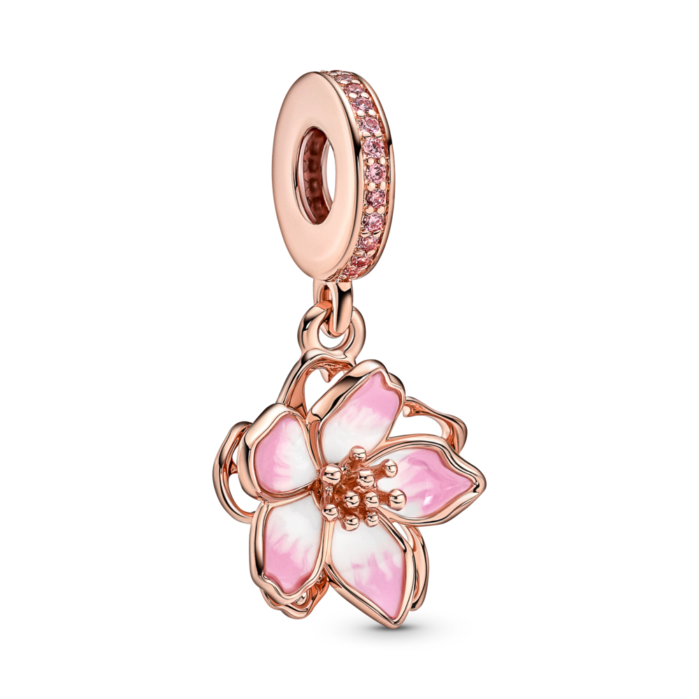 Movable cherry blossom 14k rose gold-plated dangle with fancy fairy tale pink cubic zirconia and shaded pink and white enamel
