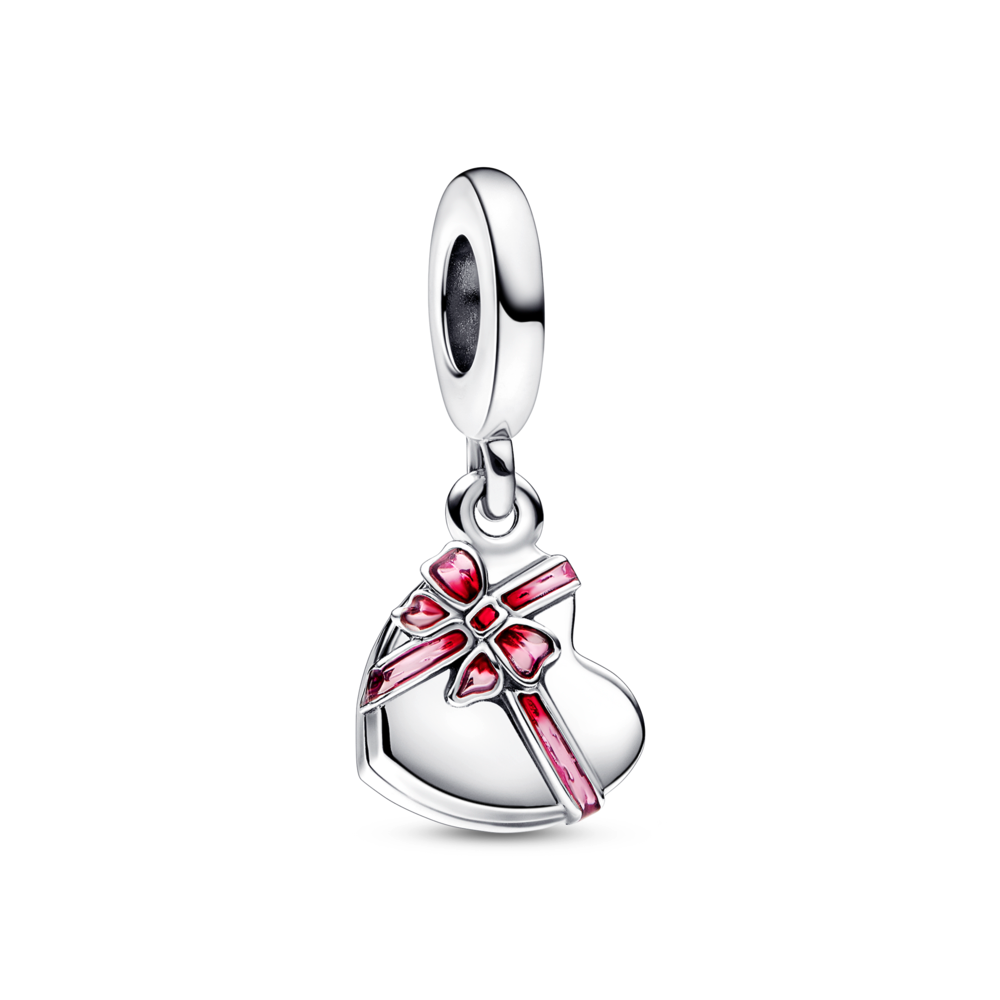 Openable chocolate box sterling silver dangle with pink and red enamel