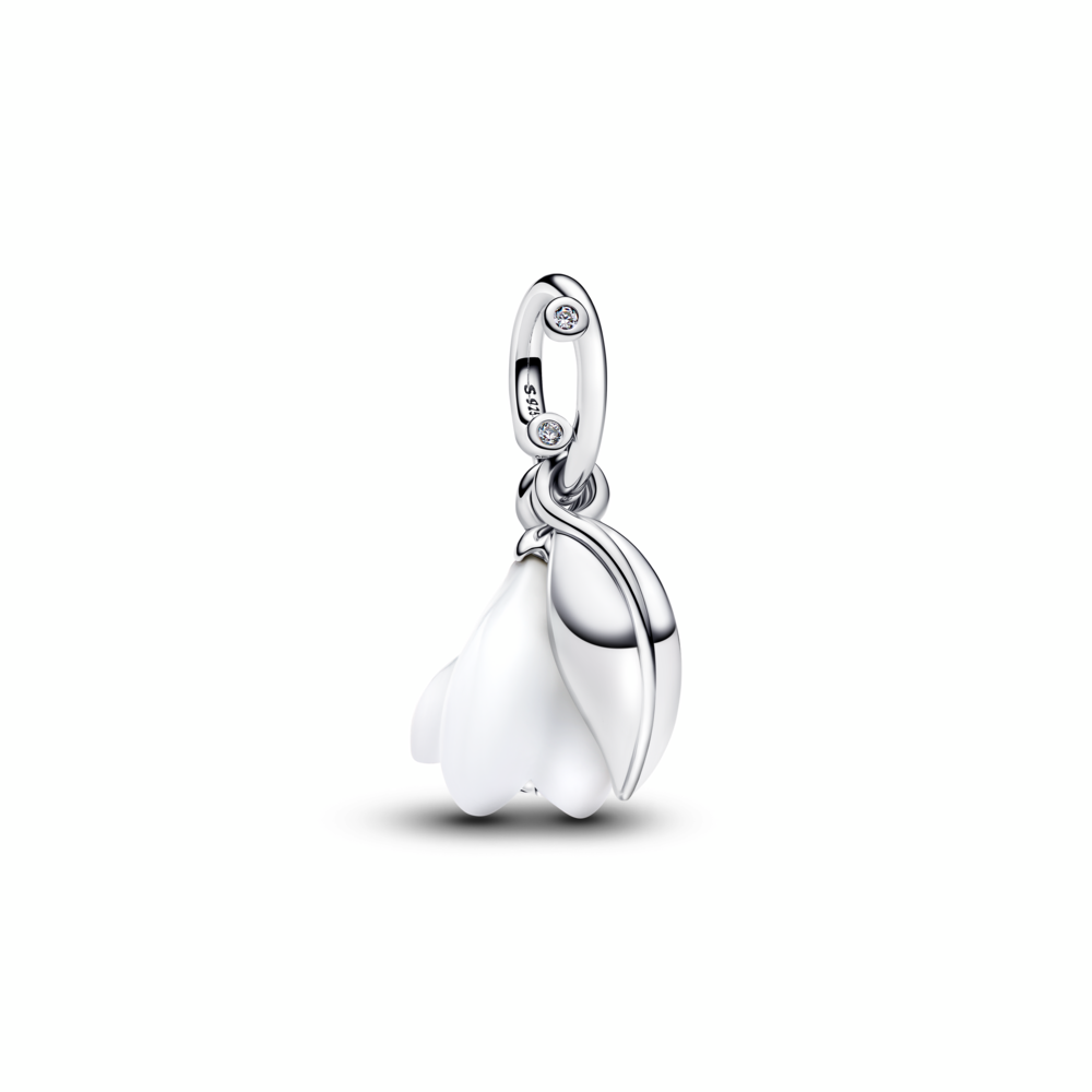 Snowdrop flower sterling silver dangle with clear cubic zirconia and white Murano glass