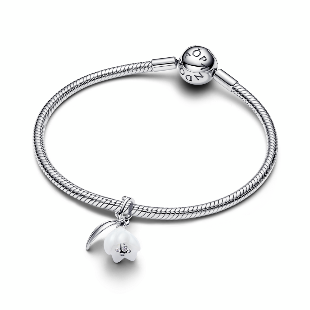 Snowdrop flower sterling silver dangle with clear cubic zirconia and white Murano glass