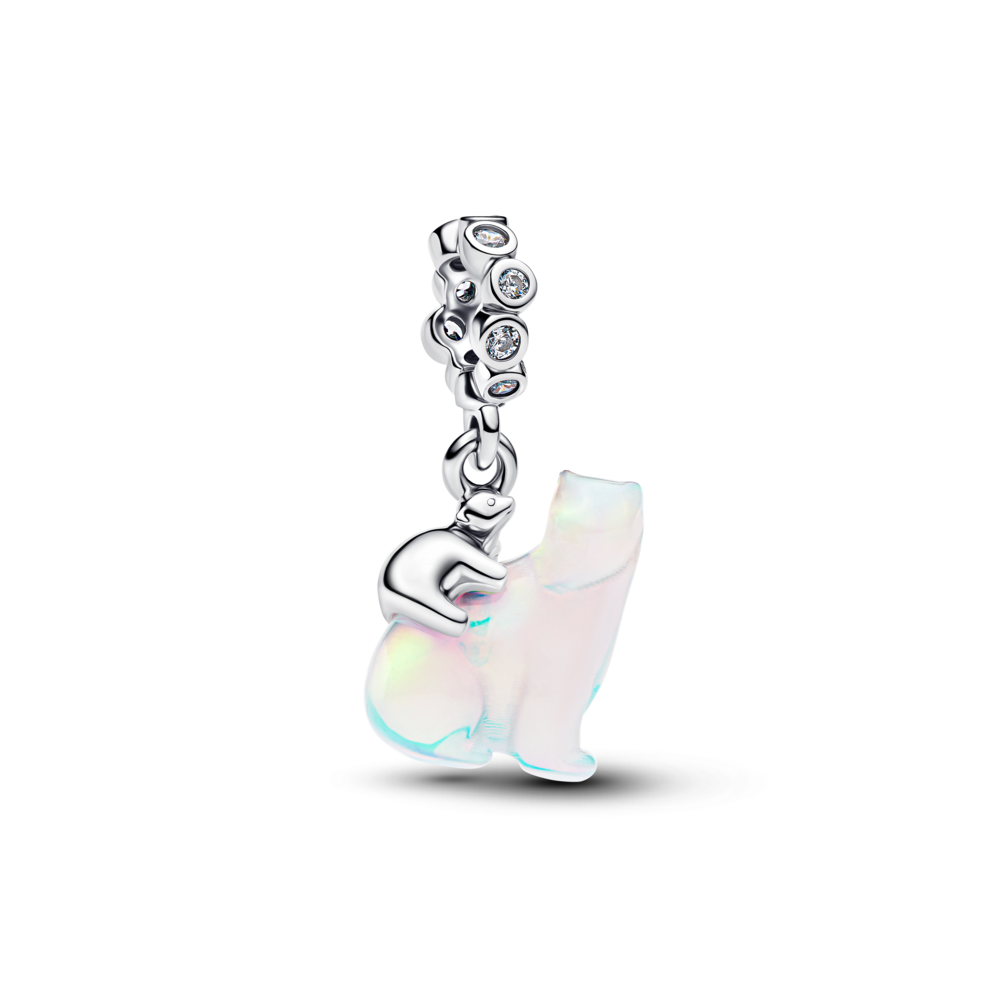 Polarbears sterling silver dangle with clear cubic zirconia and aurora lab-grown opal resin