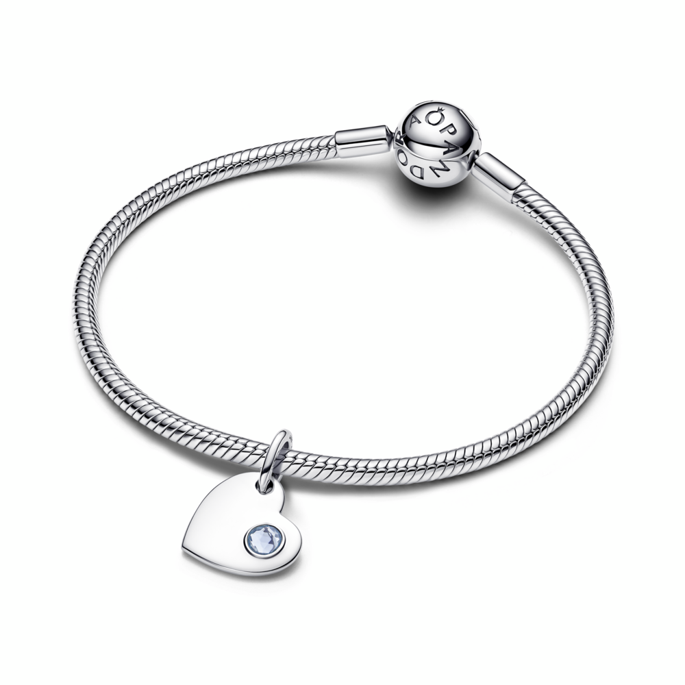 Engravable heart sterling silver dangle with sea aqua blue crystal