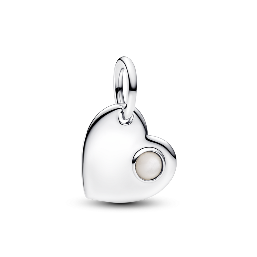 Engravable heart sterling silver dangle with white bioresin man-made mother of pearl