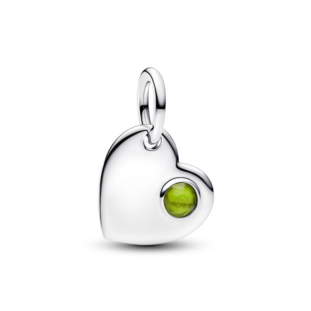 Engravable heart sterling silver dangle with spring green crystal