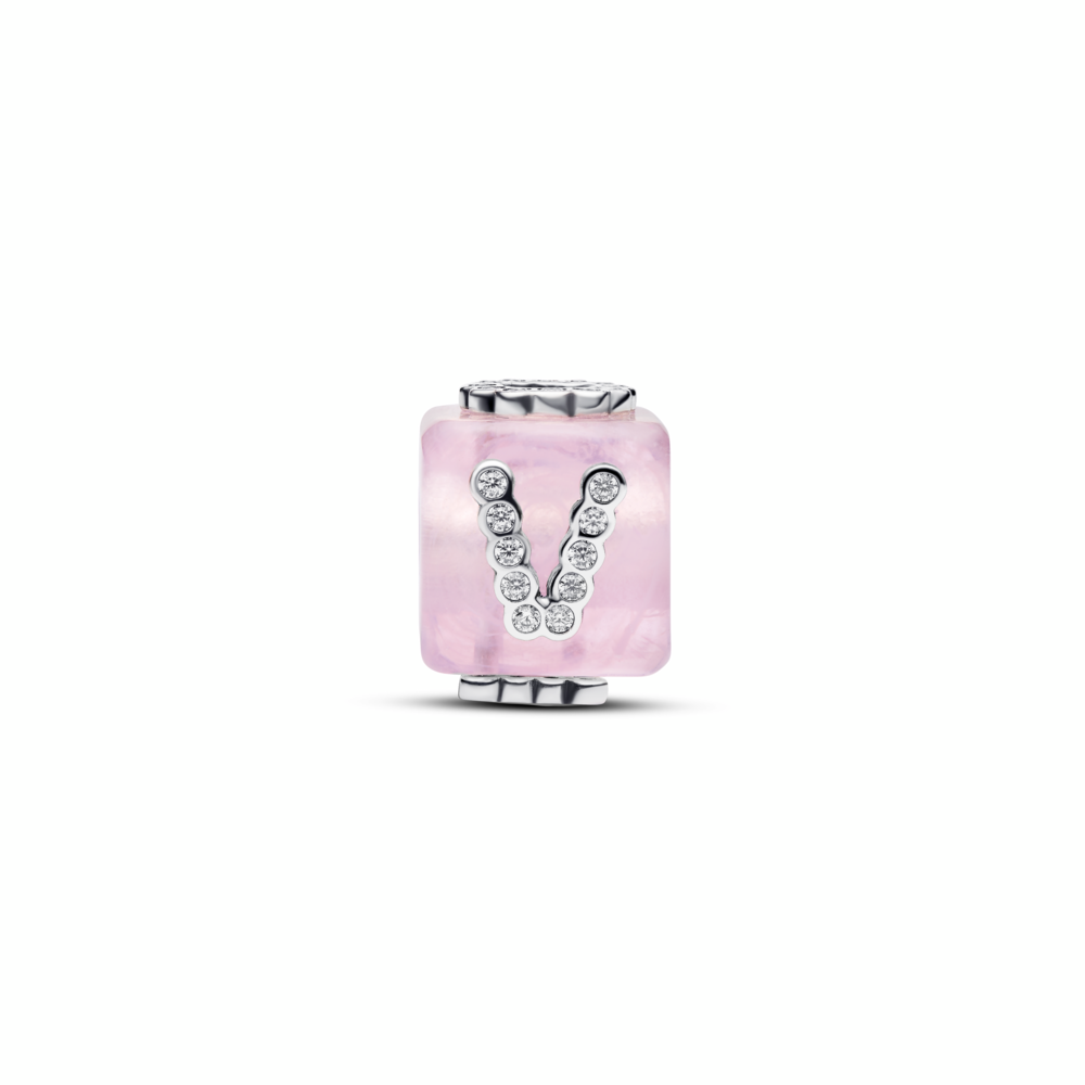 Love cube sterling silver charm with pink Murano glas and clear cubic zirconia