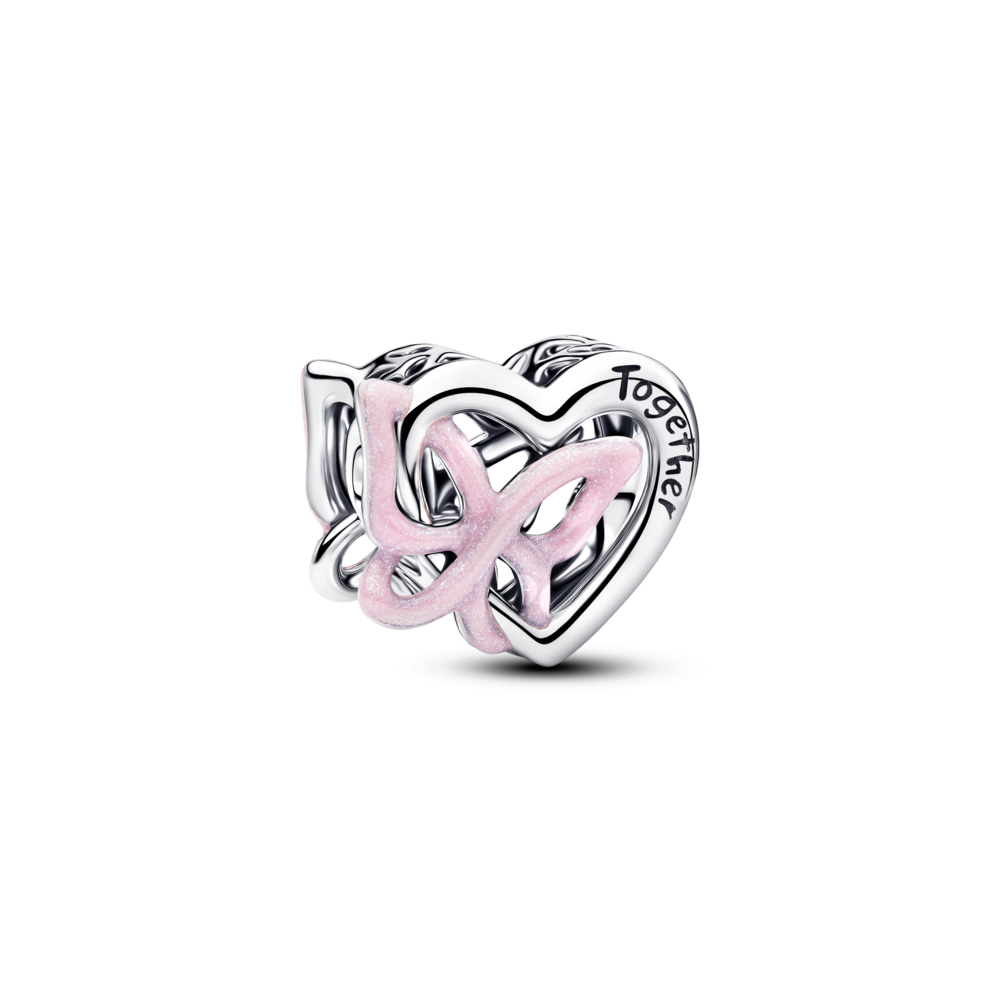 Heart and butterfly sterling silver charm with glittery pink enamel