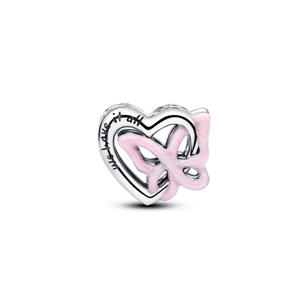 Heart and butterfly sterling silver charm with glittery pink enamel