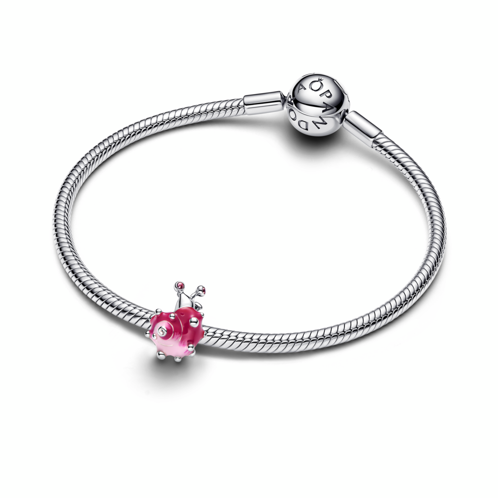 Snail sterling silver charm with light pink, clear cubic zirconia and shaded pink enamel