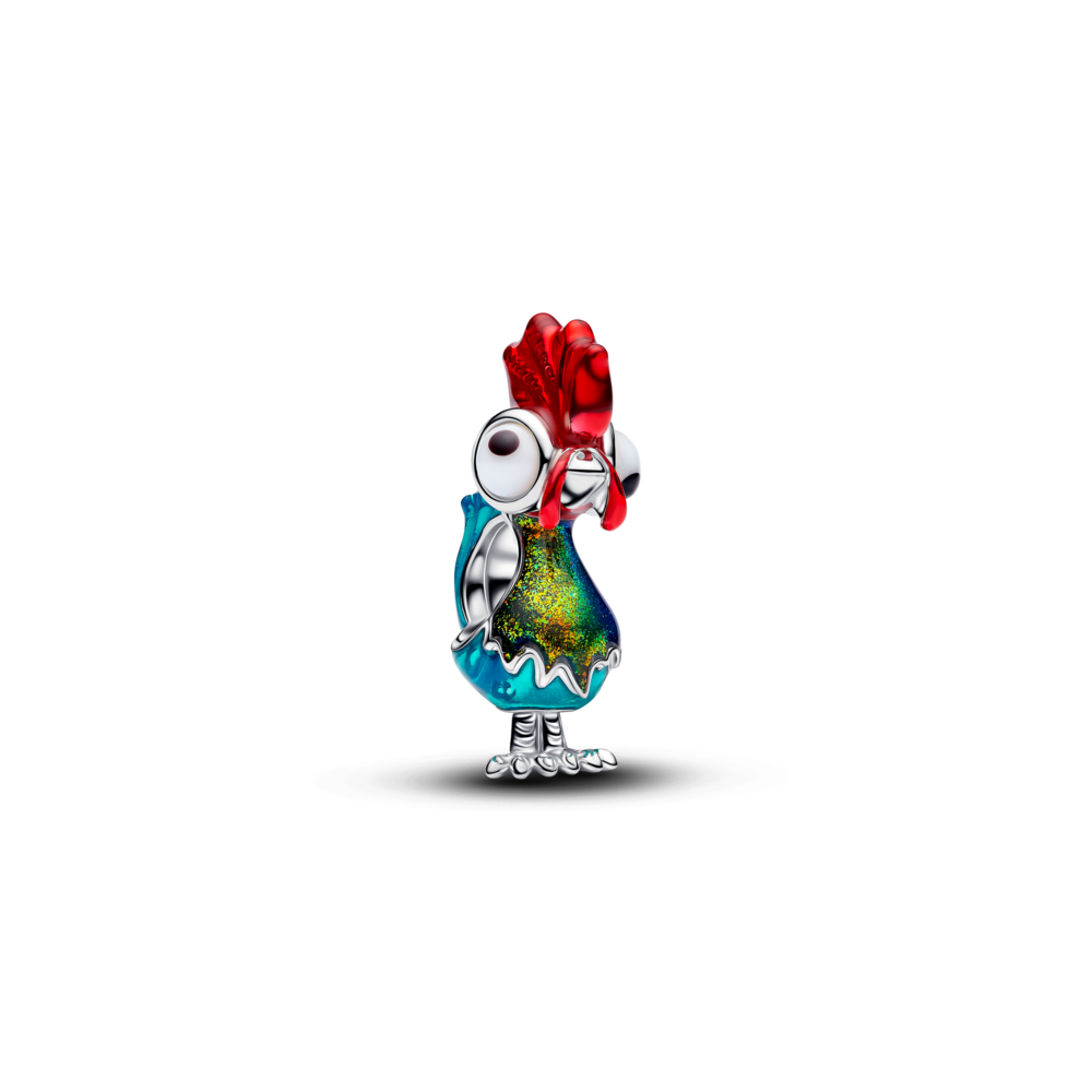Disney Moana Heihei sterling silver charm with white and black Murano glass, red, blue and shimmering green enamel