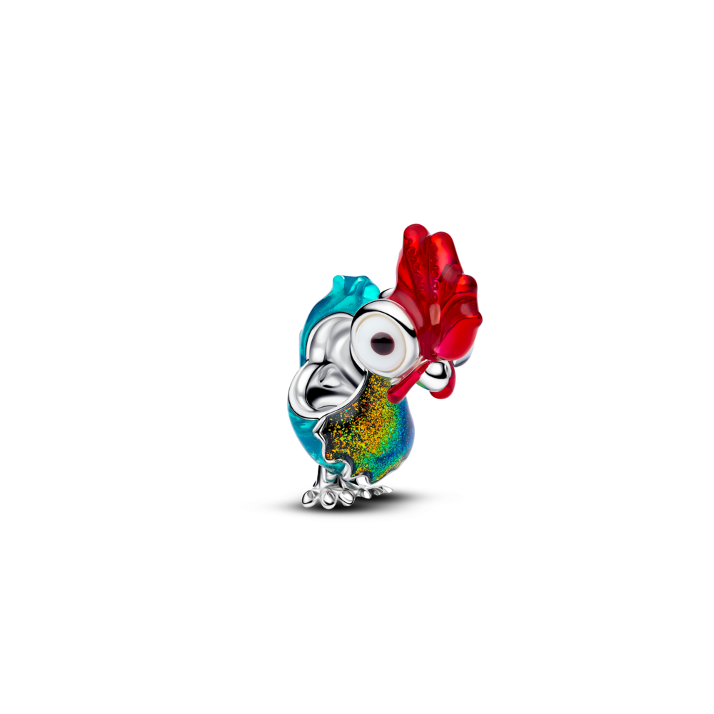 Disney Moana Heihei sterling silver charm with white and black Murano glass, red, blue and shimmering green enamel