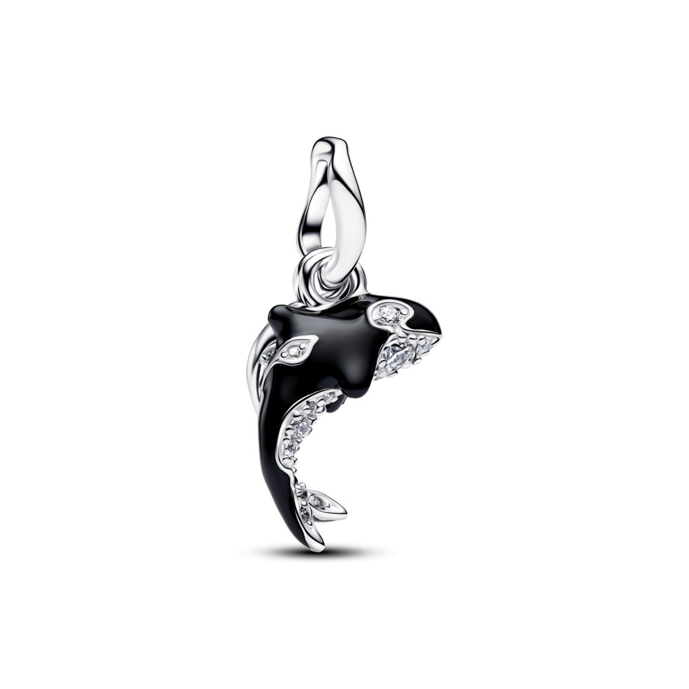 Orca sterling silver double dangle with clear cubic zirconia and black enamel