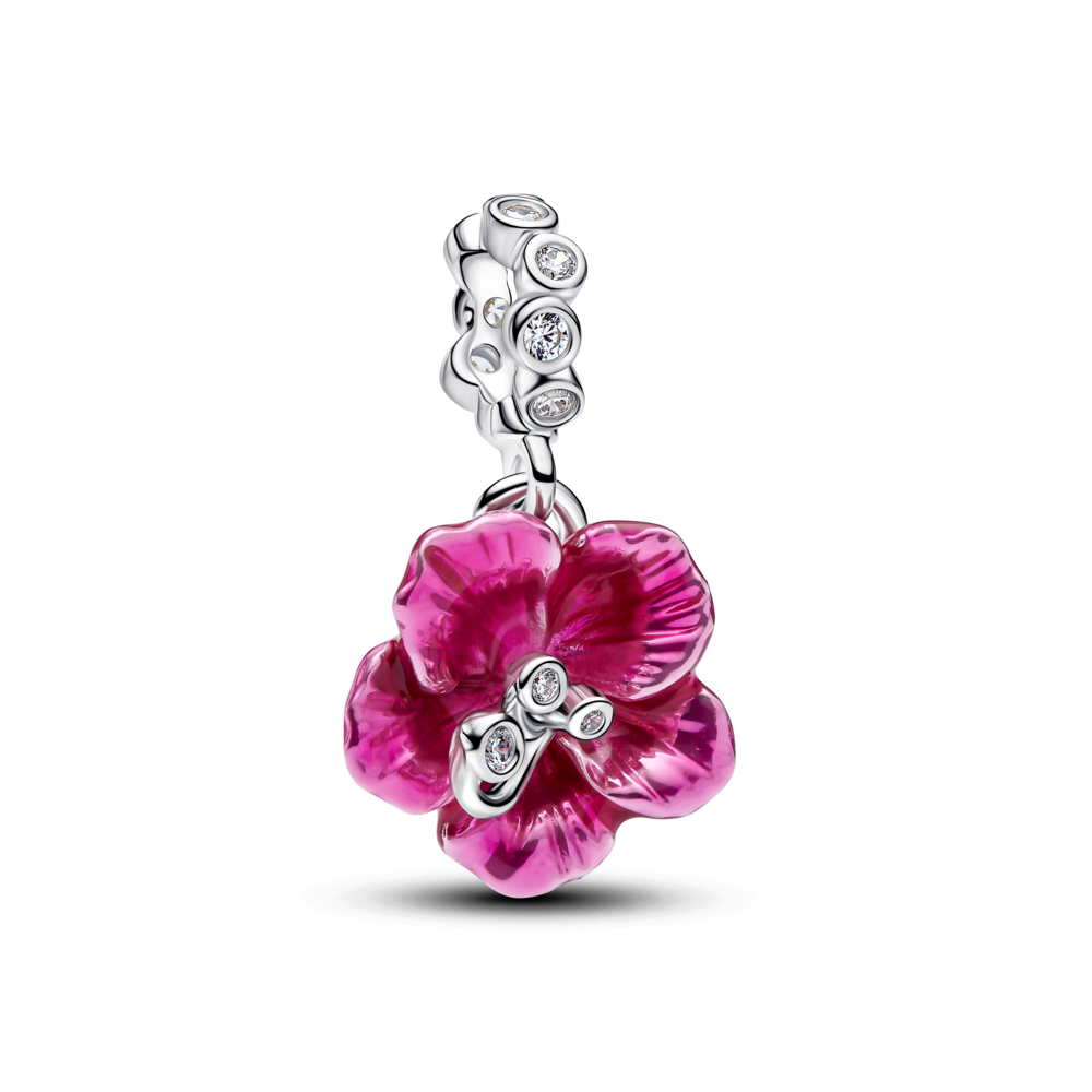 Hibiscus sterling silver dangle with clear cubic zirconia and pink enamel