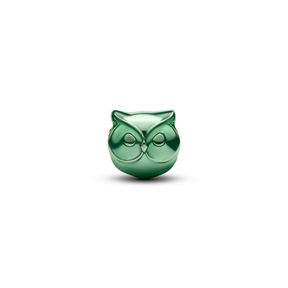Owl sterling silver mini charm with green enamel