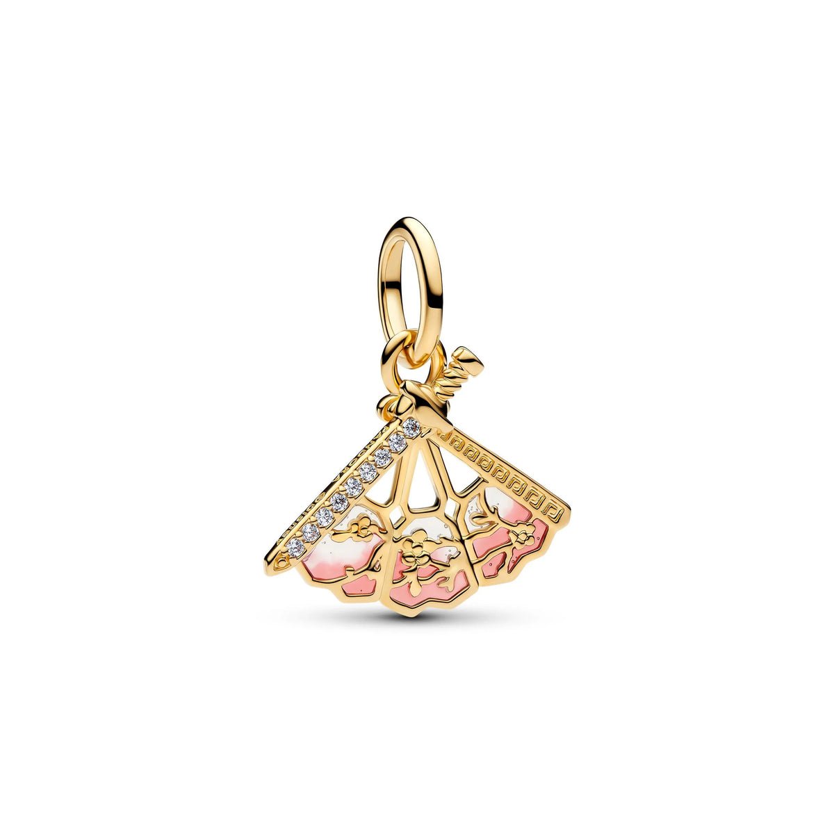 Disney Mulan fan 14k gold-plated dangle with clear cubic zirconia and pink enamel