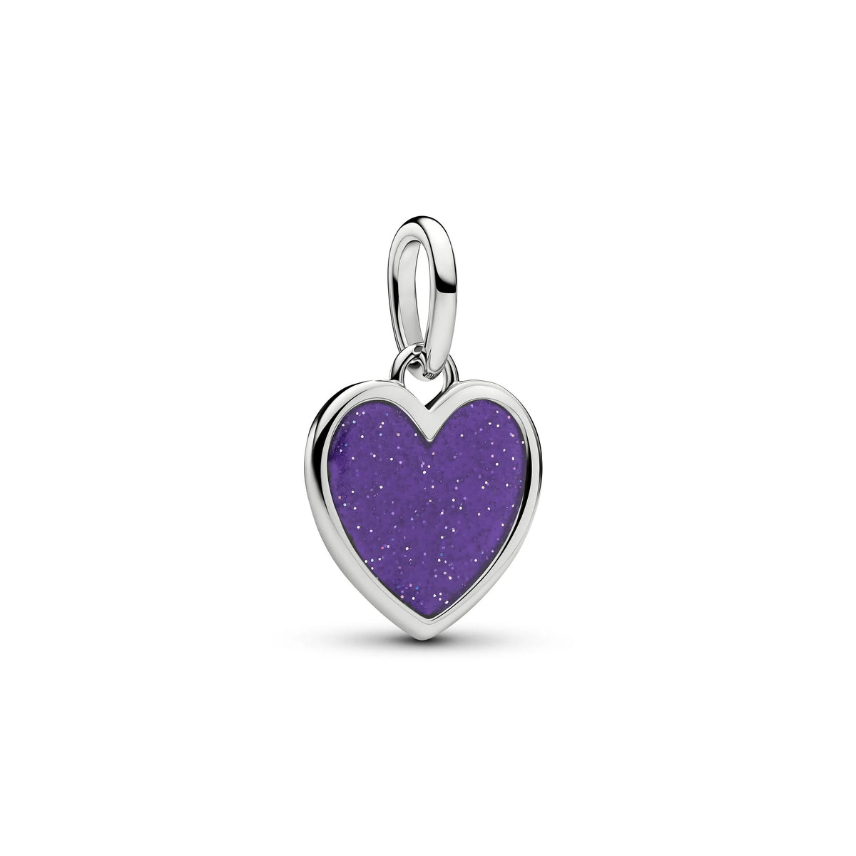 Engravable heart platinum-plated dangle with purple glitter enamel