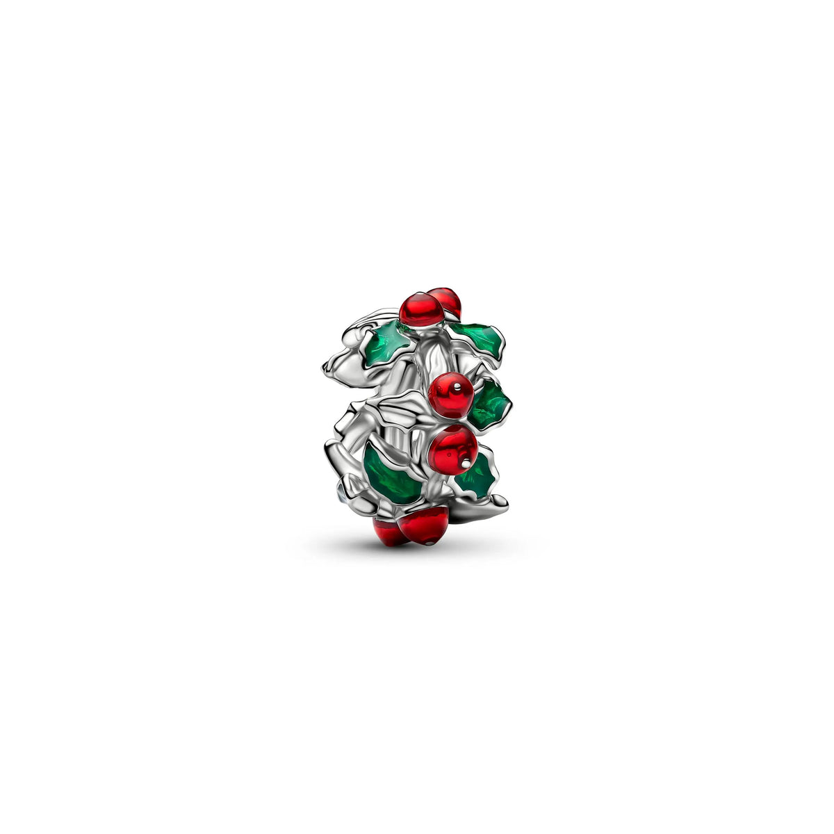 Christmas holly platinum-plated charm with red and green enamel