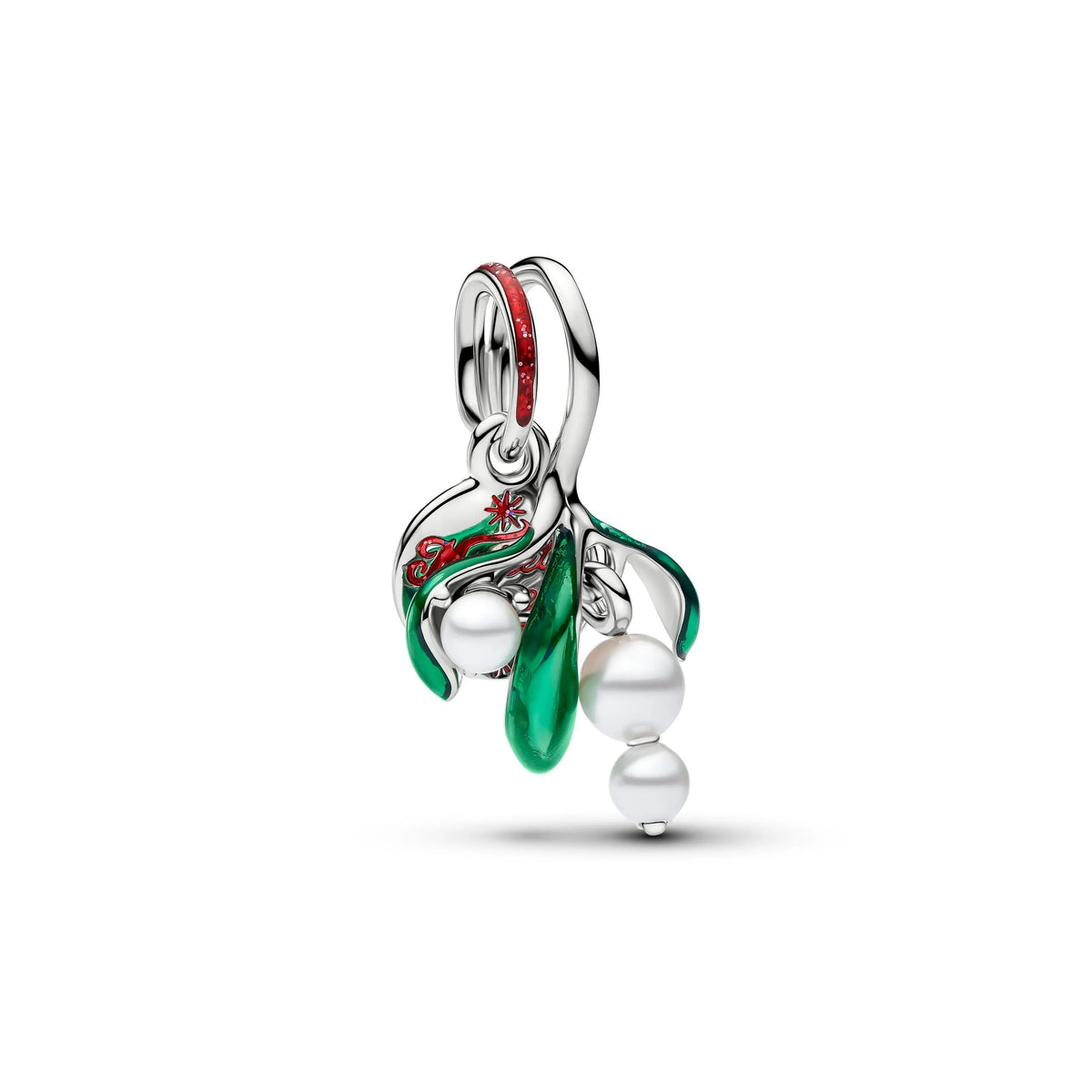 Mistletoe platinum-plated double dangle with lacquered artificial pearl, red and green enamel
