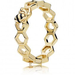 Bee and honeycomb 14k Gold Plated ring with black enamel
