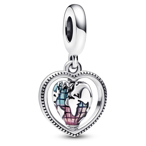 Family Spinning Heart Globe Dangle Charm