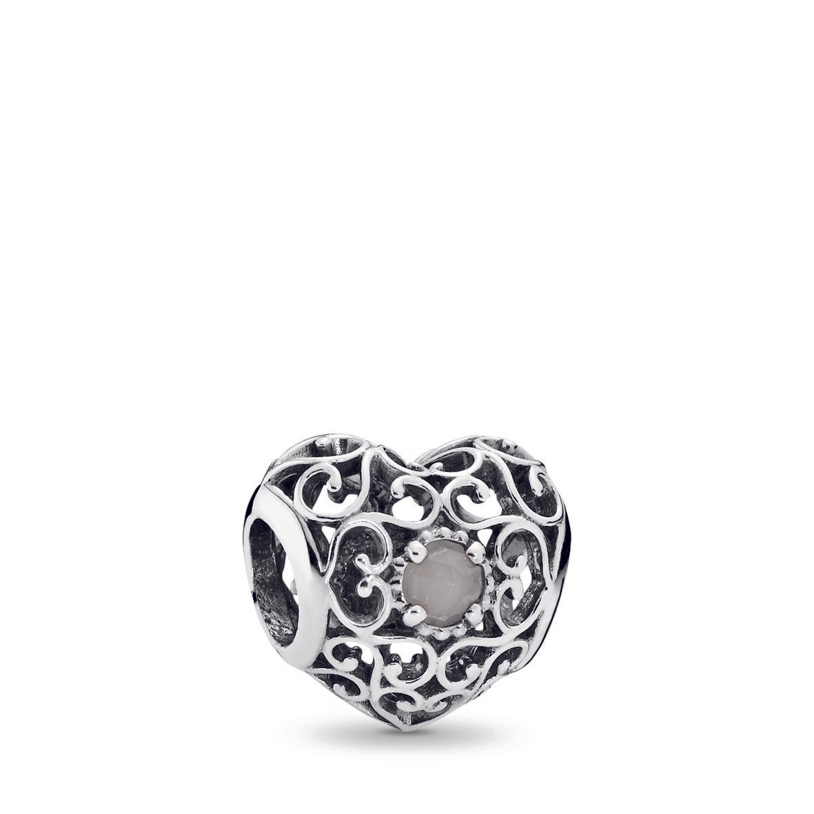 June silver heart charm with grey moonstone