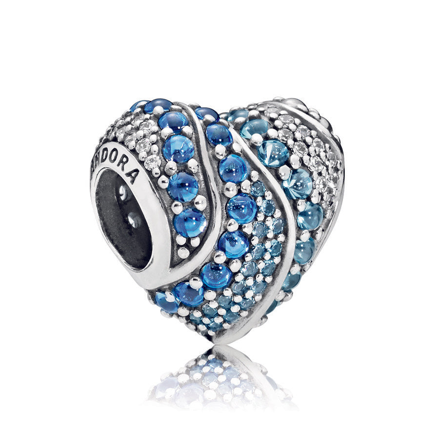 Water heart silver charm with aqua blue, London blue crystal