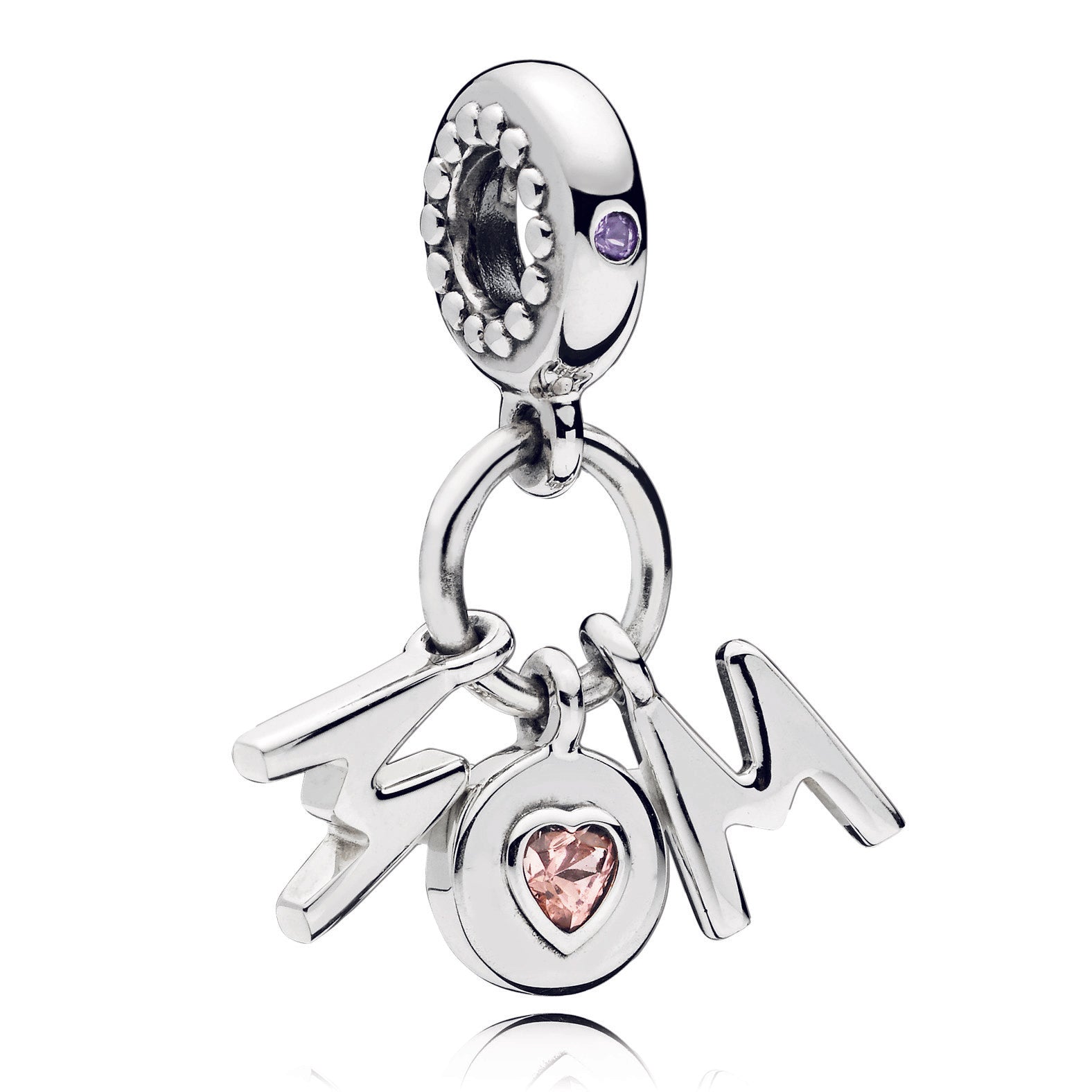 Mum silver dangle with soft pink crystal and lilac crystal