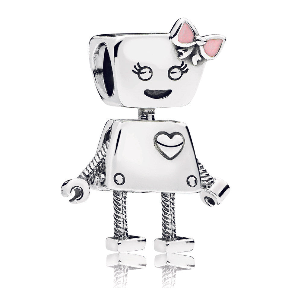Robot girl silver charm with pink enamel