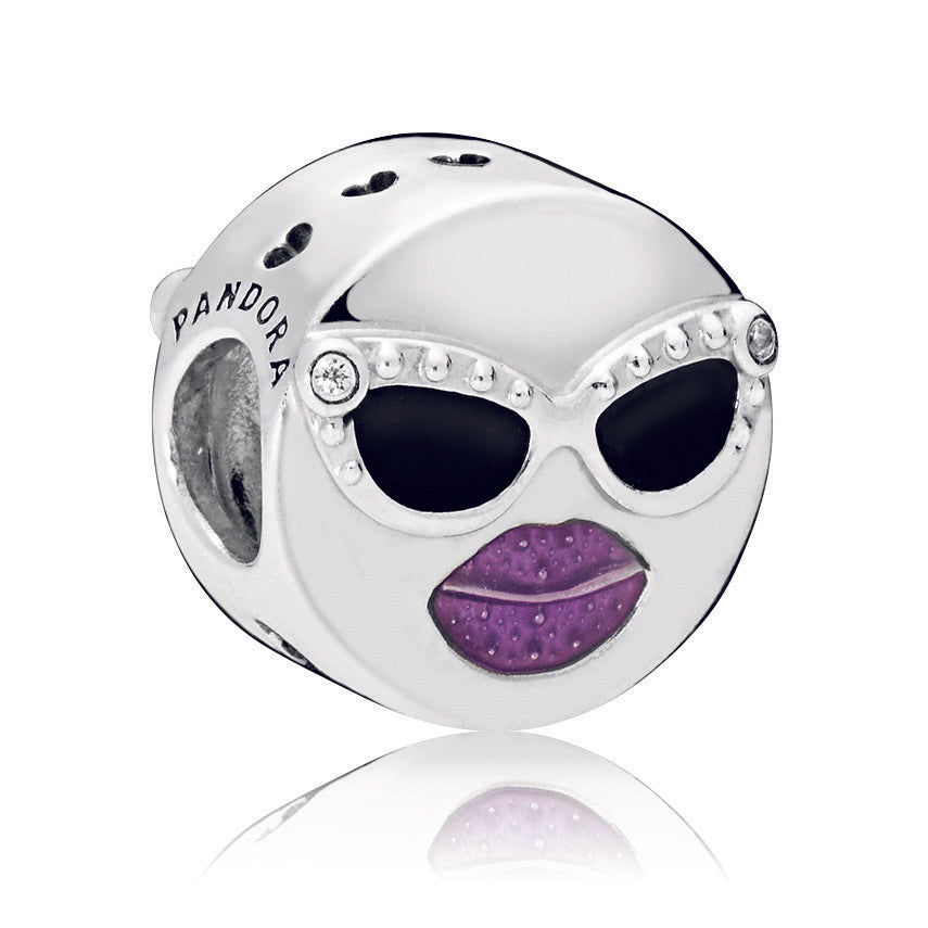 Emoticon silver charm with purple and black enamel and clear cubic zirconia