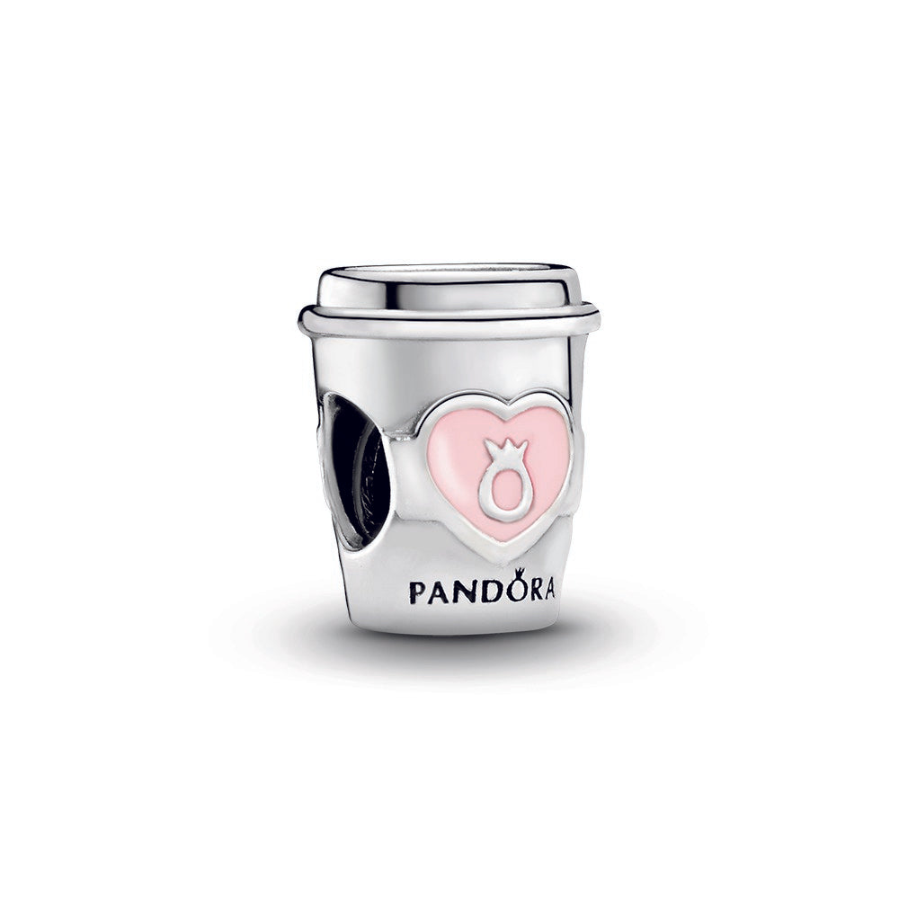 Coffee cup silver charm with pink enamel