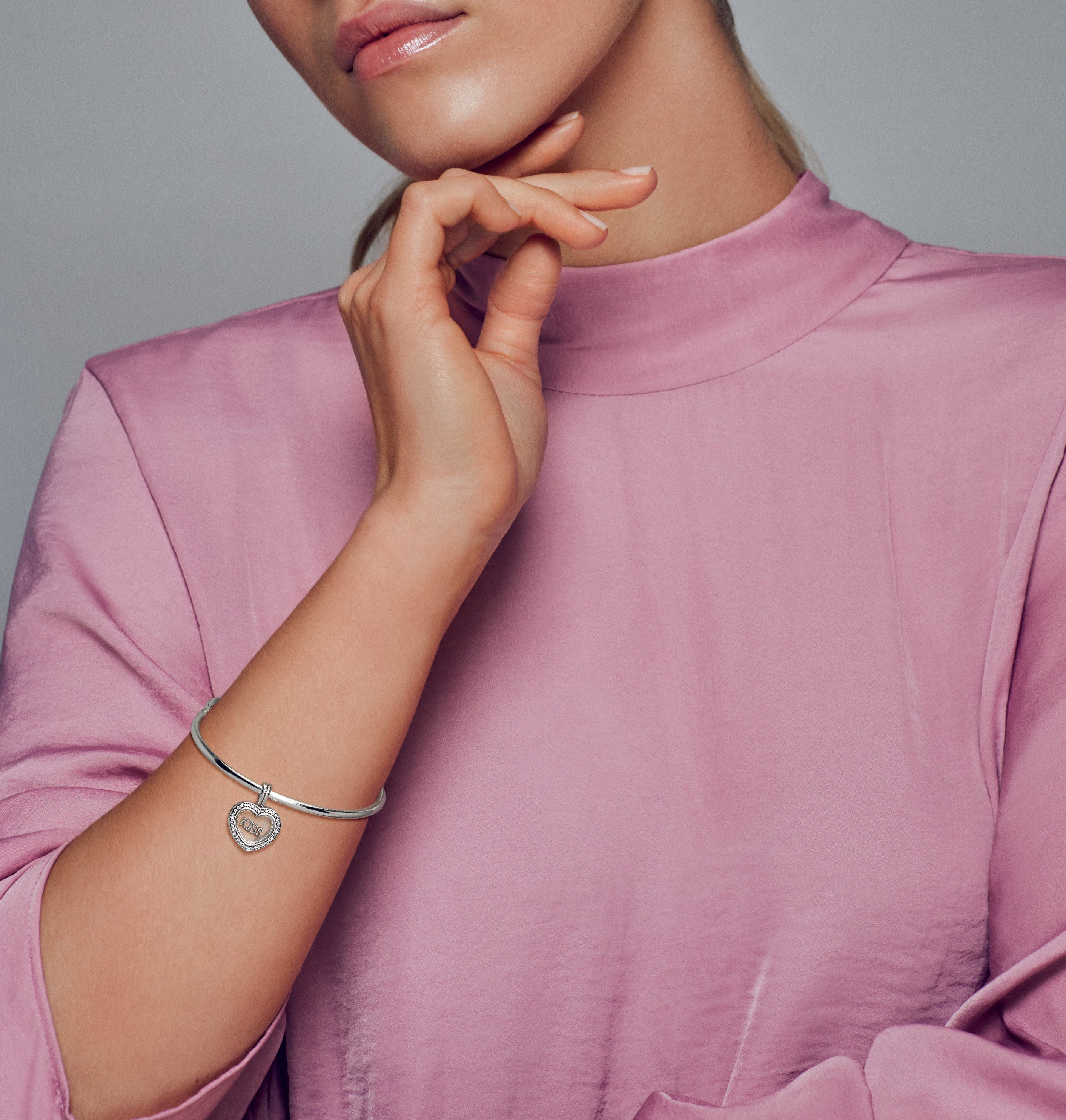 Heart floating locket silver dangle with clear cubic zirconia