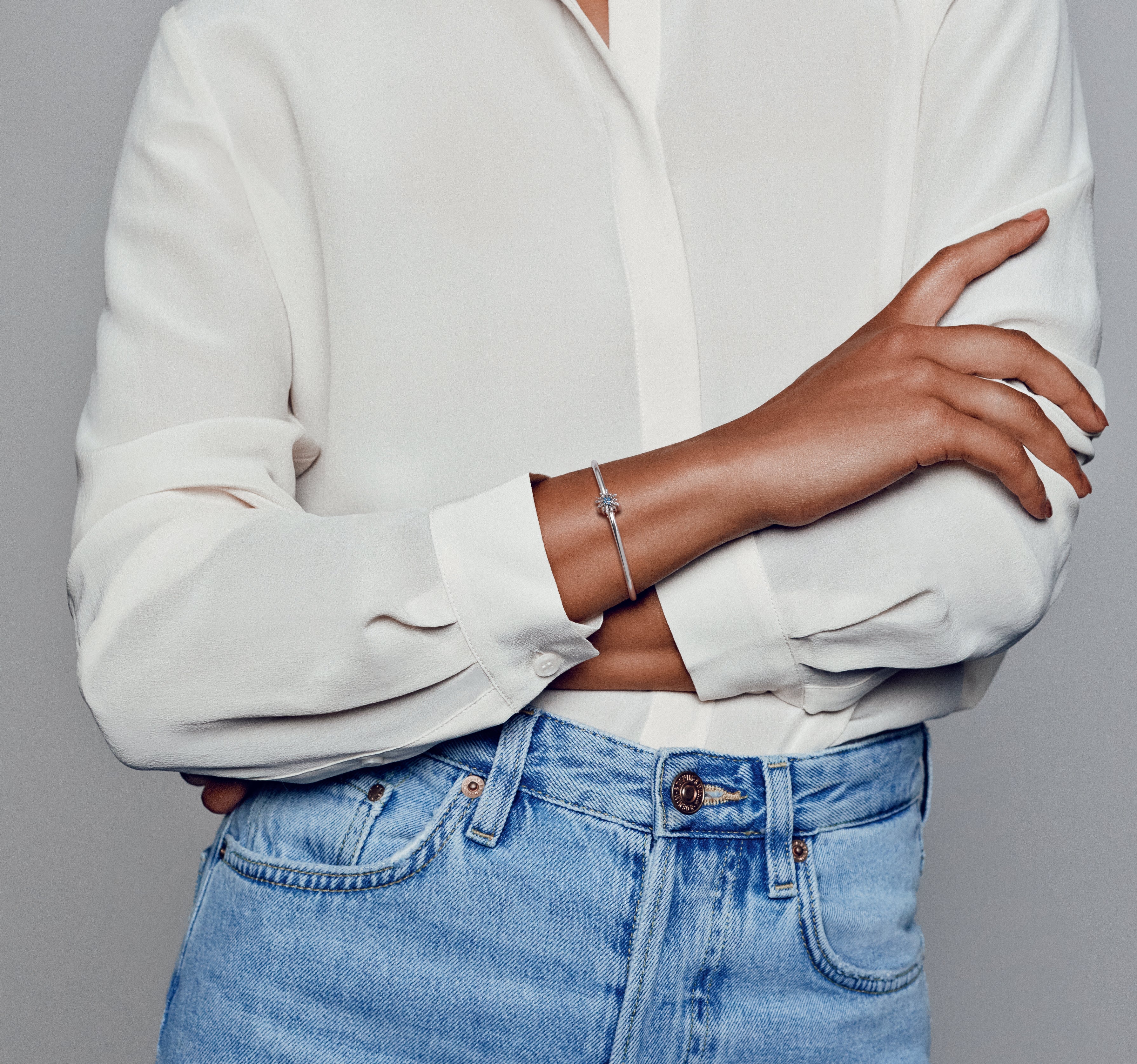 Firework silver charm with royal blue crystal and clear cubic zirconia