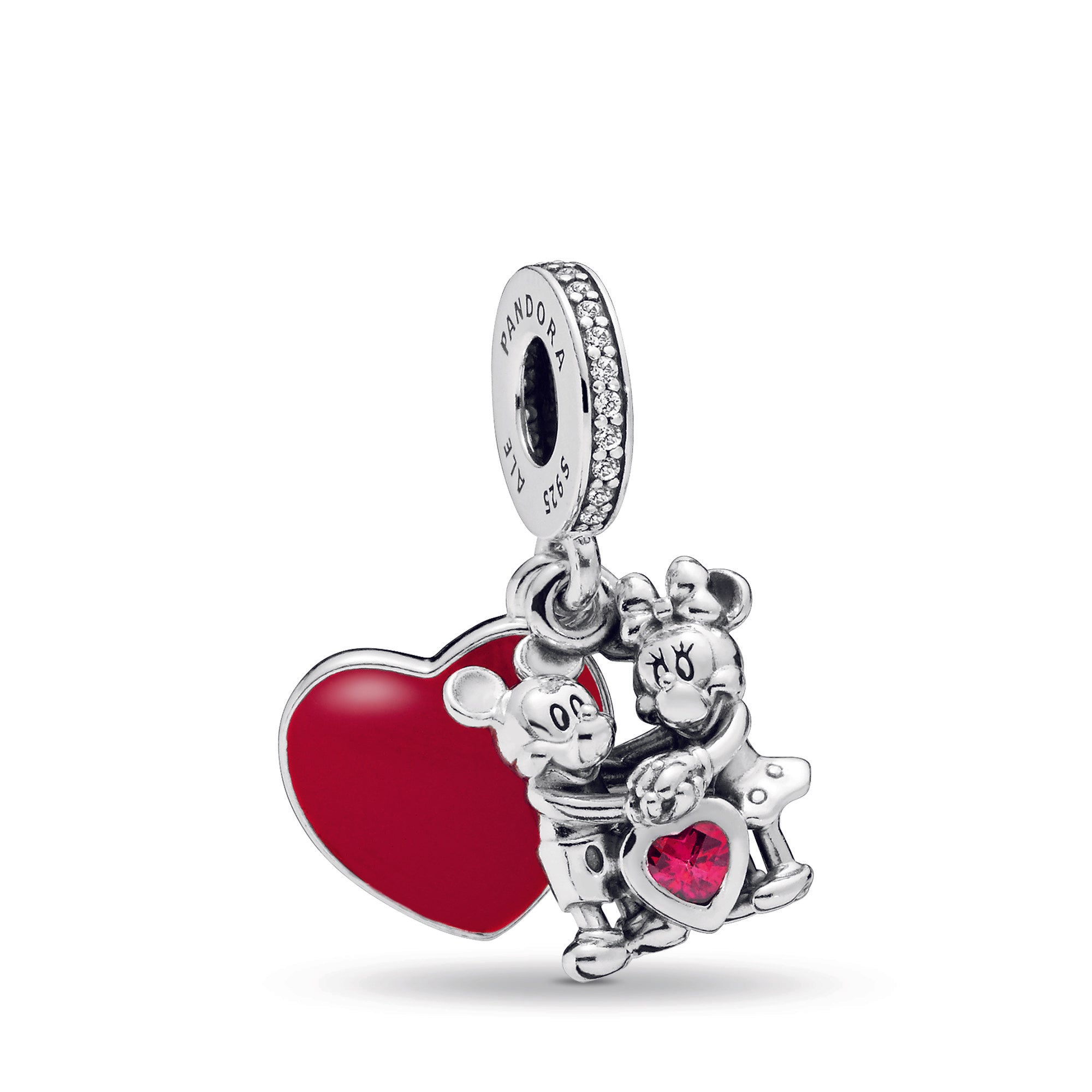 Disney Mickey, Minnie and heart silver dangle with red and clear cubic zirconia and red enamel