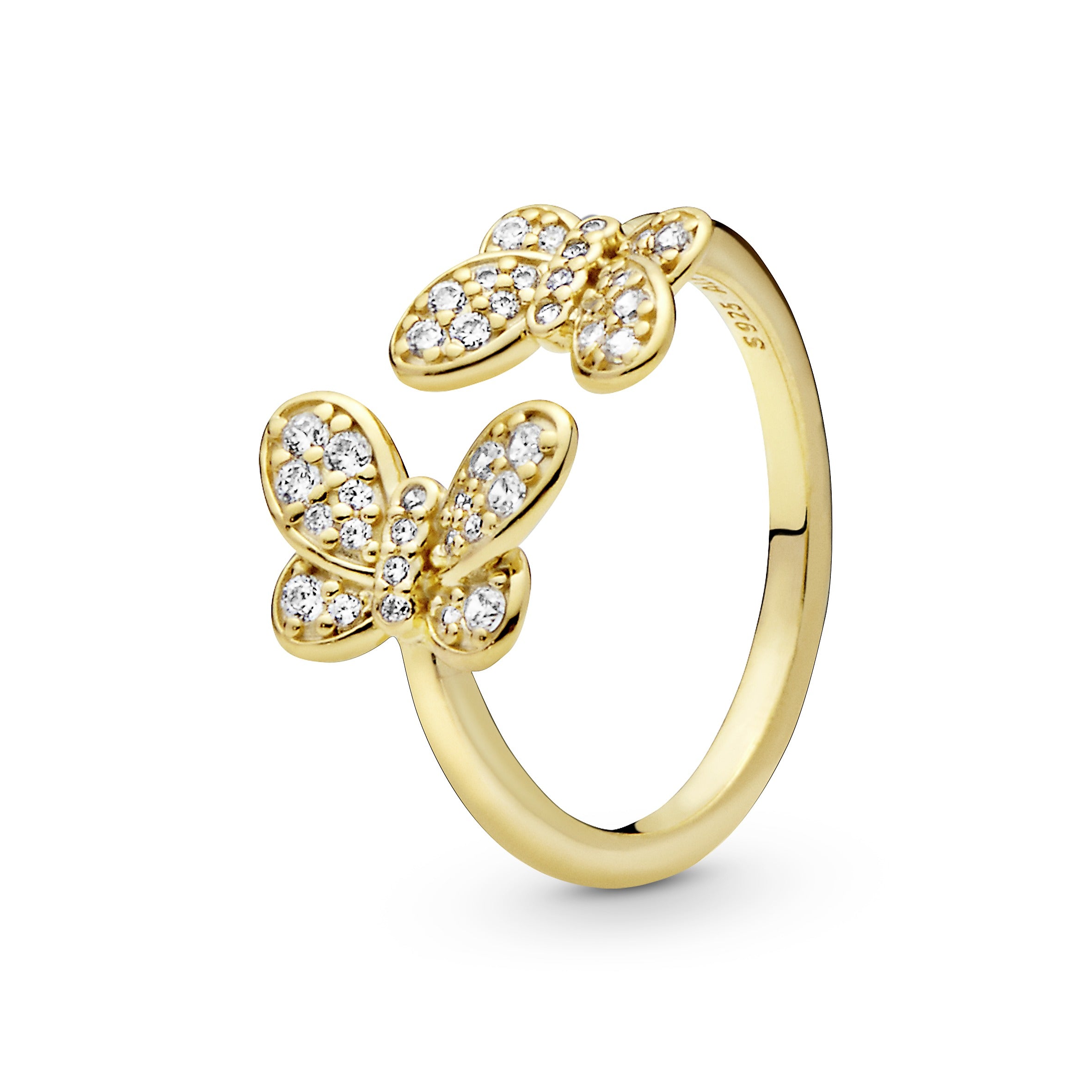 Butterfly 14k Gold Plated open ring with clear cubic zirconia