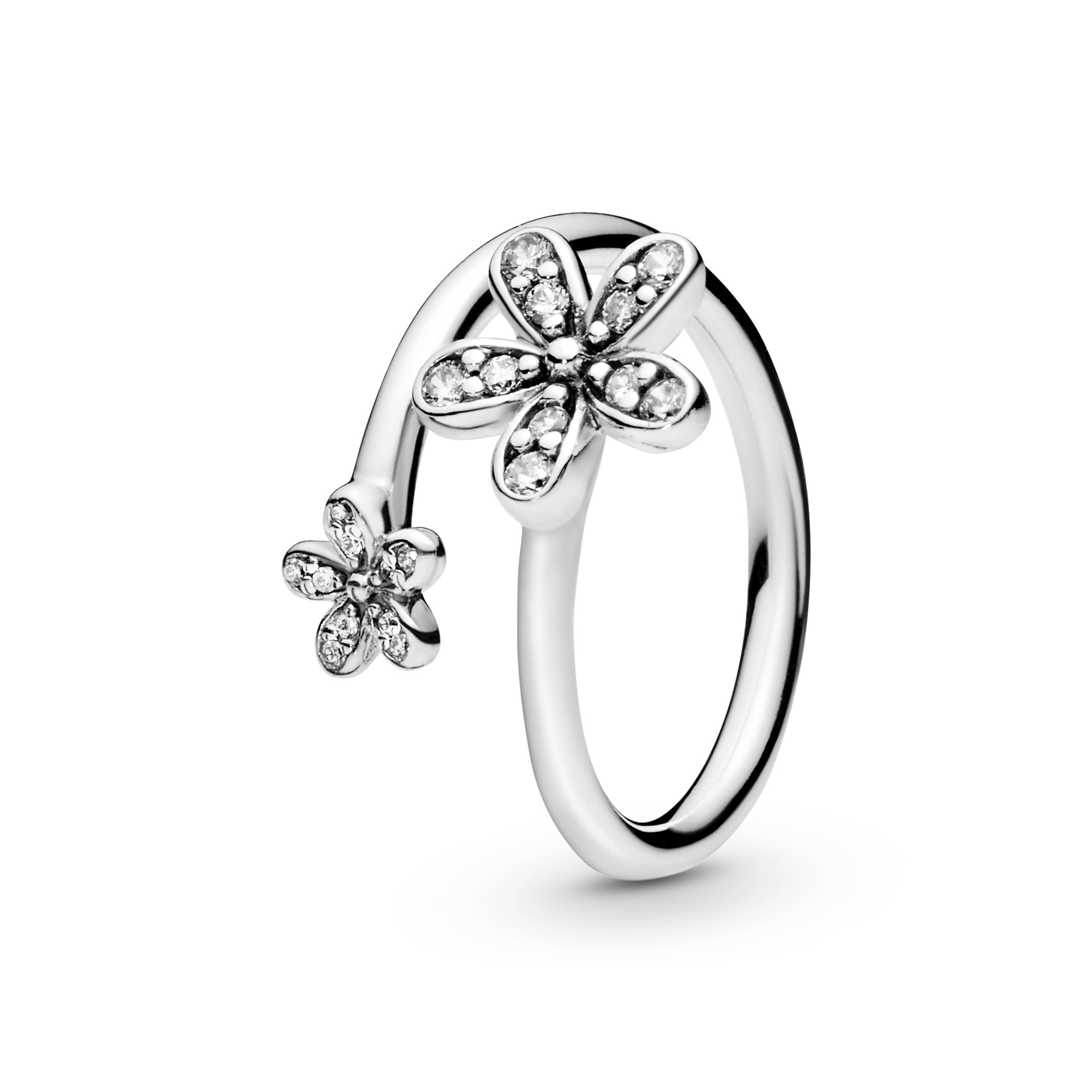 Open daisy silver ring with clear cubic zirconia