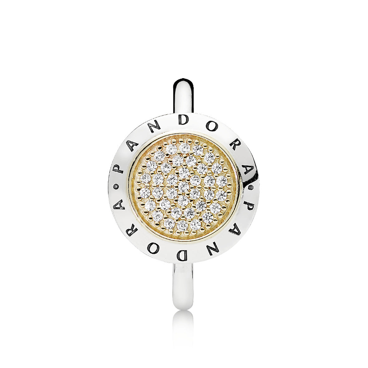 PANDORA logo silver ring with 14k and clear cubic zirconia