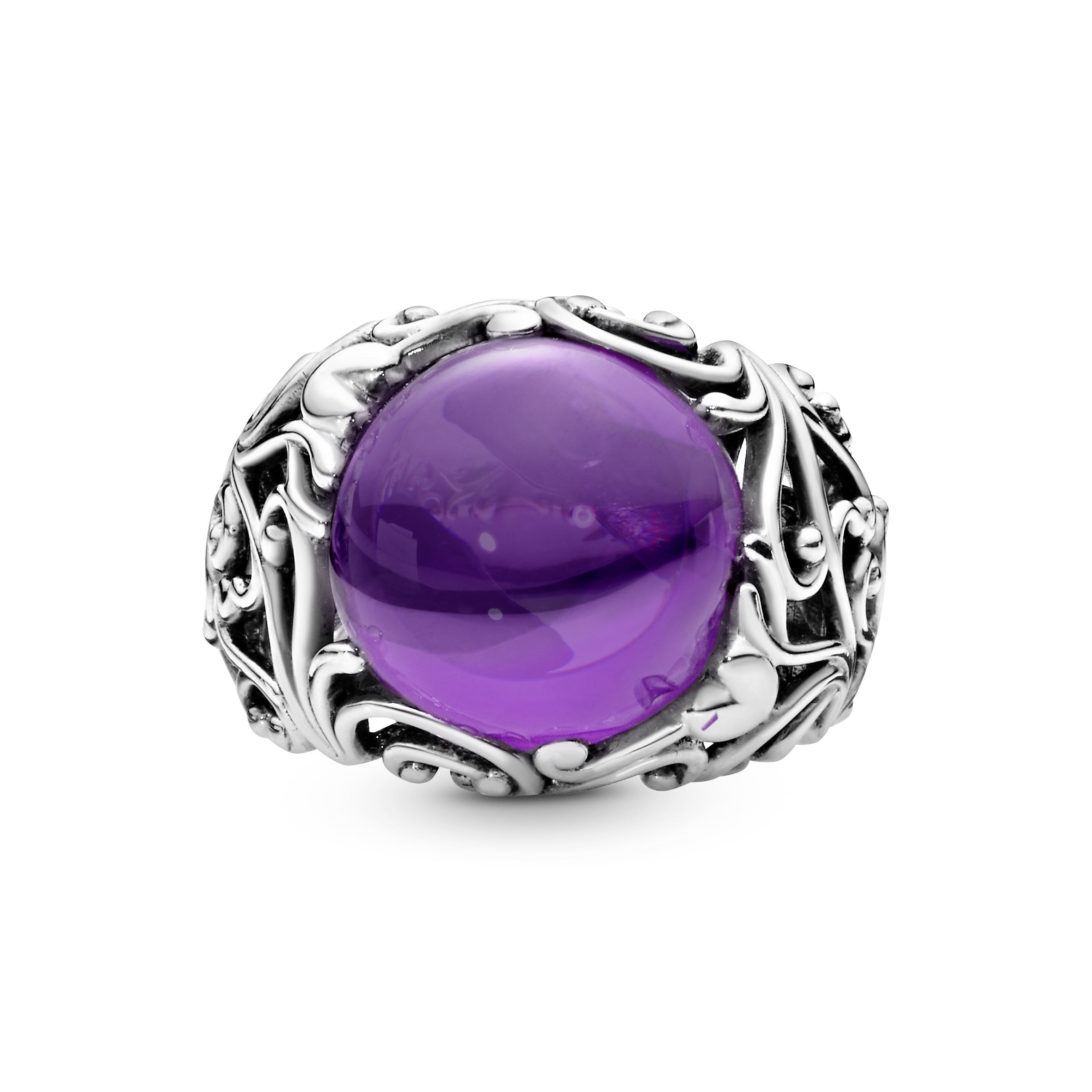 Regal pattern silver ring with purple cubic zirconia
