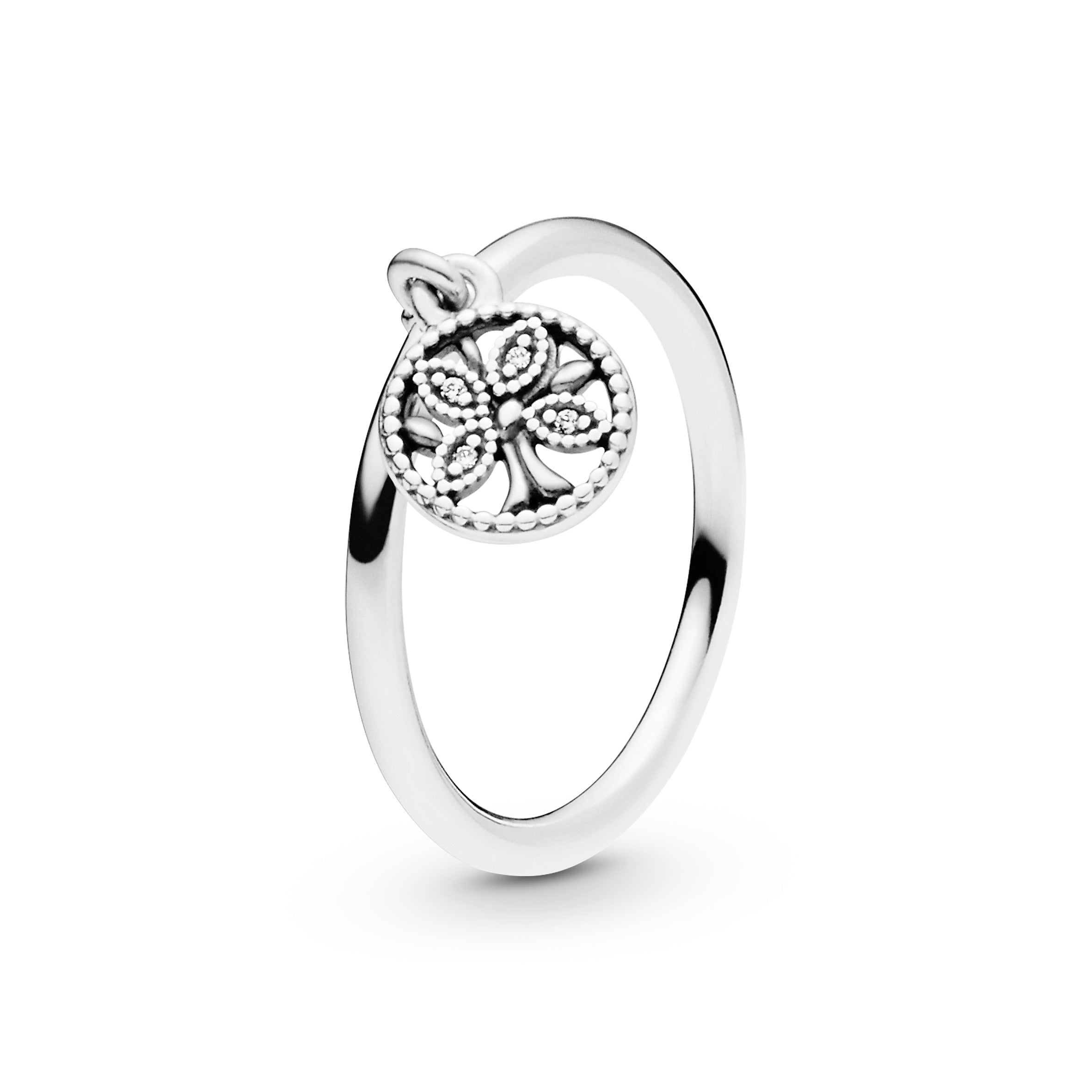 Family tree silver ring with clear cubic zirconia