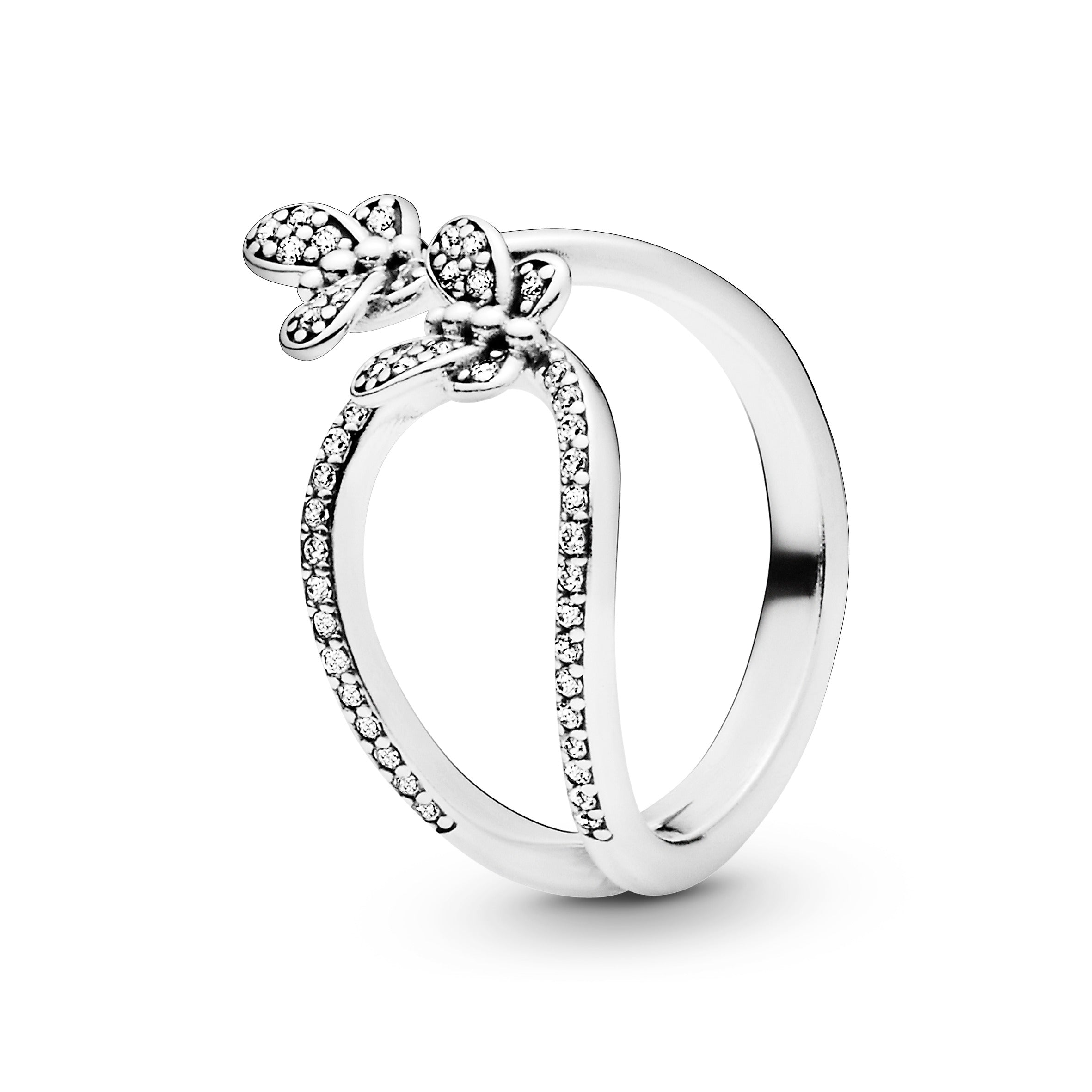 Butterfly silver open ring with clear cubic zirconia