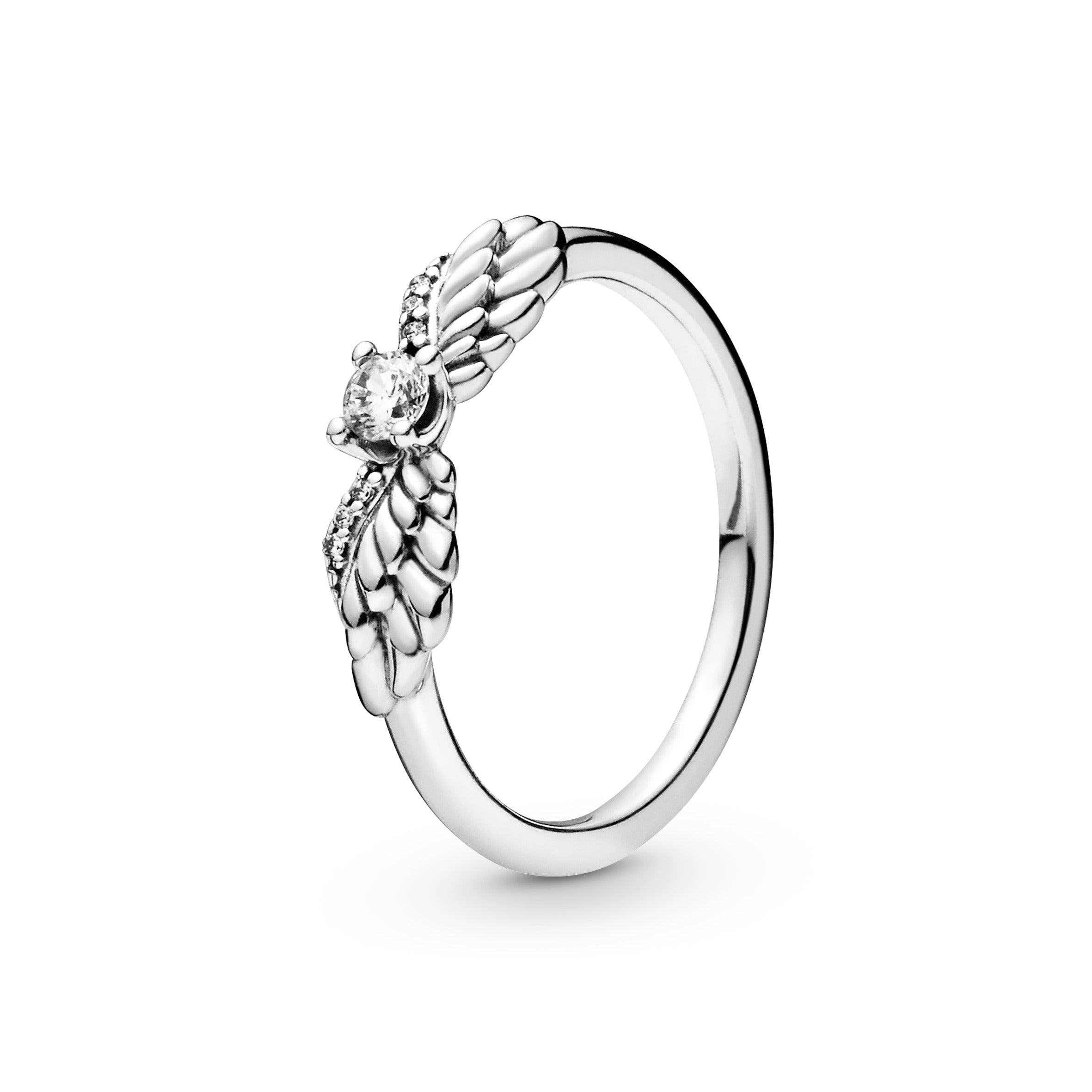 Angel wing sterling silver ring with clear cubic zirconia